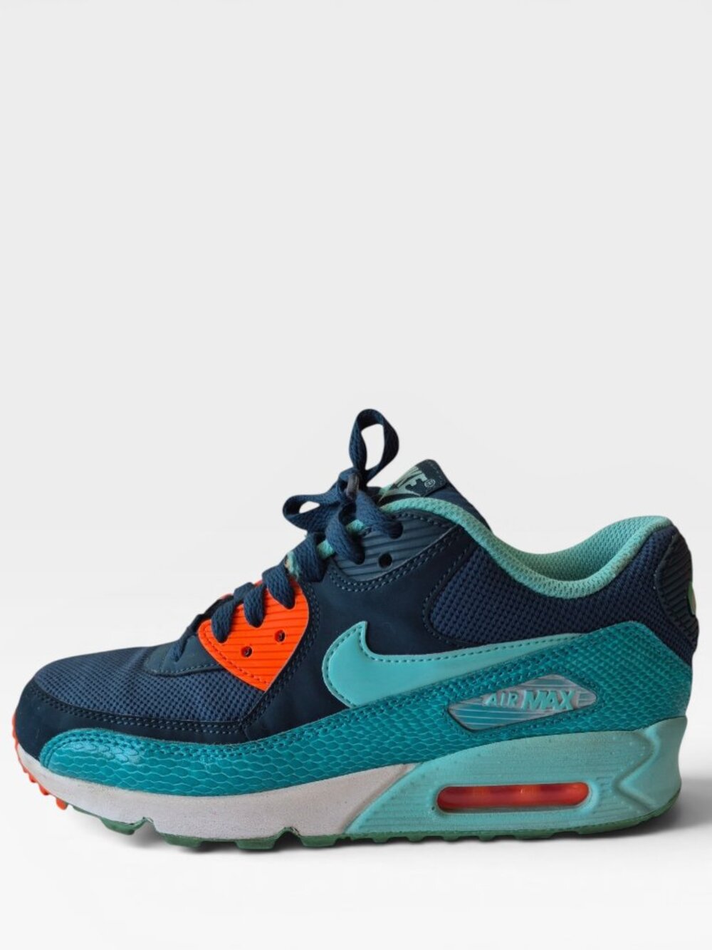 Nike Air Max 90 Blue-Crimson-Turquoise Women/Teen Sneaker, Size 7.5